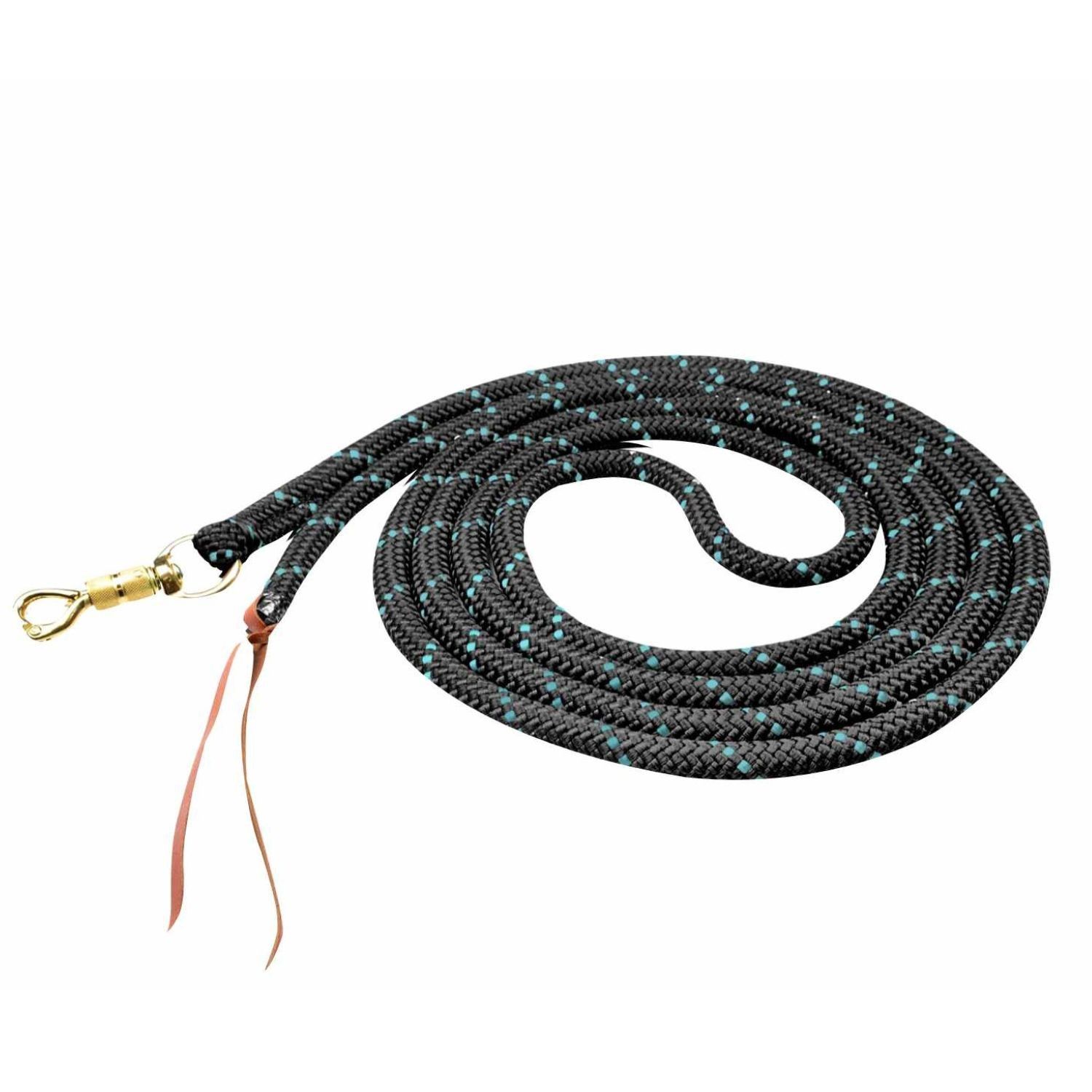 Schwarze Bodenleine mit türkisfarbenen Punkten, Karabinerhaken und Lederriemen. Aufgerollt auf weißem Hintergrund.