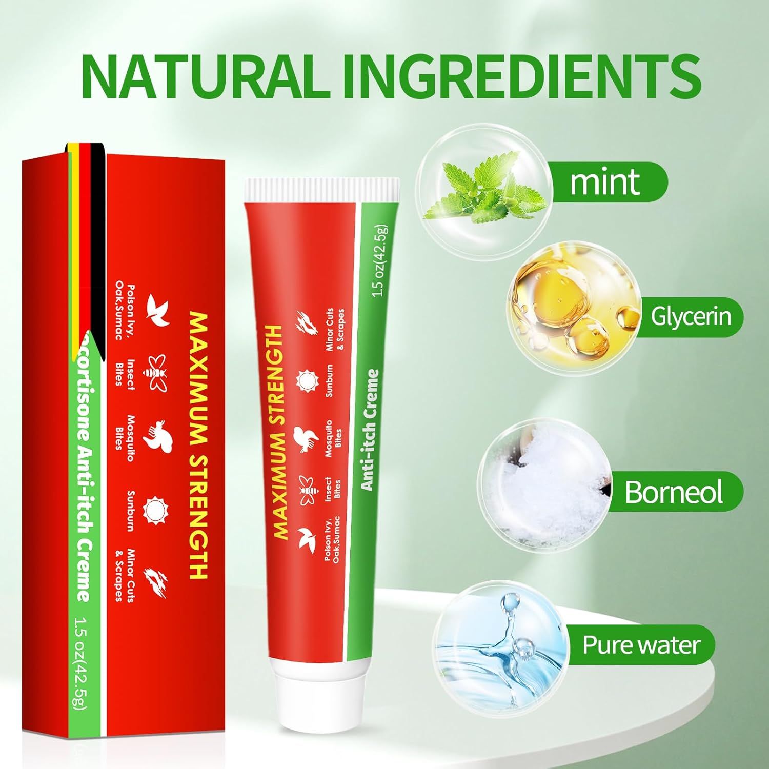 Rote Tube und Schachtel mit "Maximum Strength" und "Anti-Itch Creme" Aufschrift. Zutaten: Minze, Glycerin, Borneol, reines Wasser.