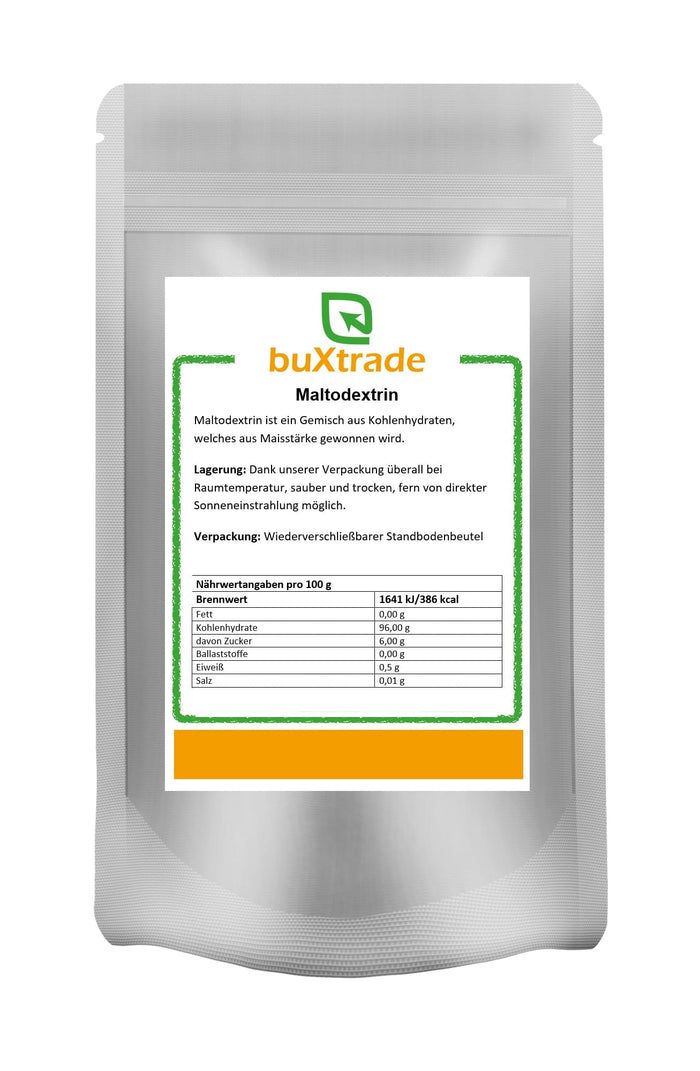 Beutel mit buXtrade Maltodextrin. Aufdruck mit Produktinformationen und Nährwertangaben. Wiederverschließbarer Standbodenbeutel.