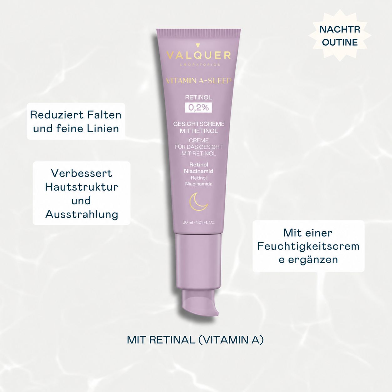 Valquer Gesichtscreme mit 0,2% Retinol in einer lila Tube.