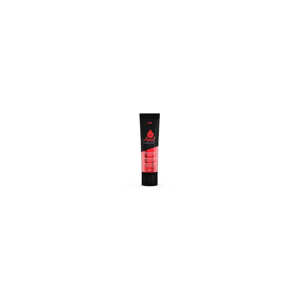 Schwarze Tube mit roter Schrift. "Hot Anal Lubricant" ist sichtbar. Produkt auf weißem Hintergrund.