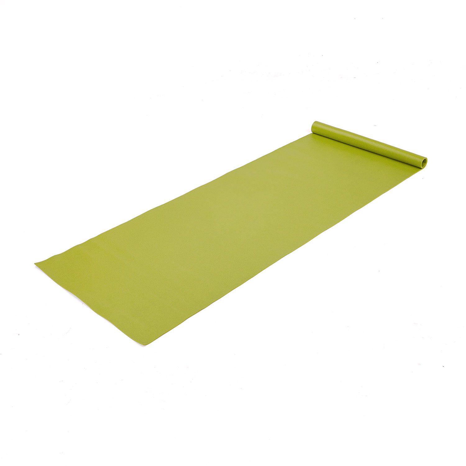 Ausgerollte Matte aus grünem PVC-Material. Rechteckige Form, olive Farbe.