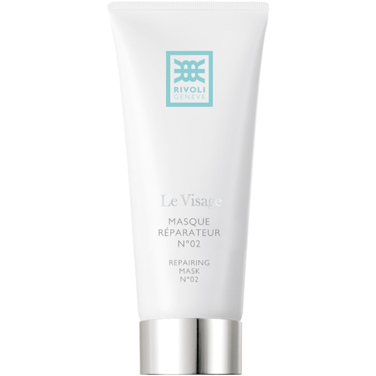 Weiße Tube mit silbernem Boden. Aufschrift: Rivoli Geneve, Le Visage Masque Reparateur N°02.