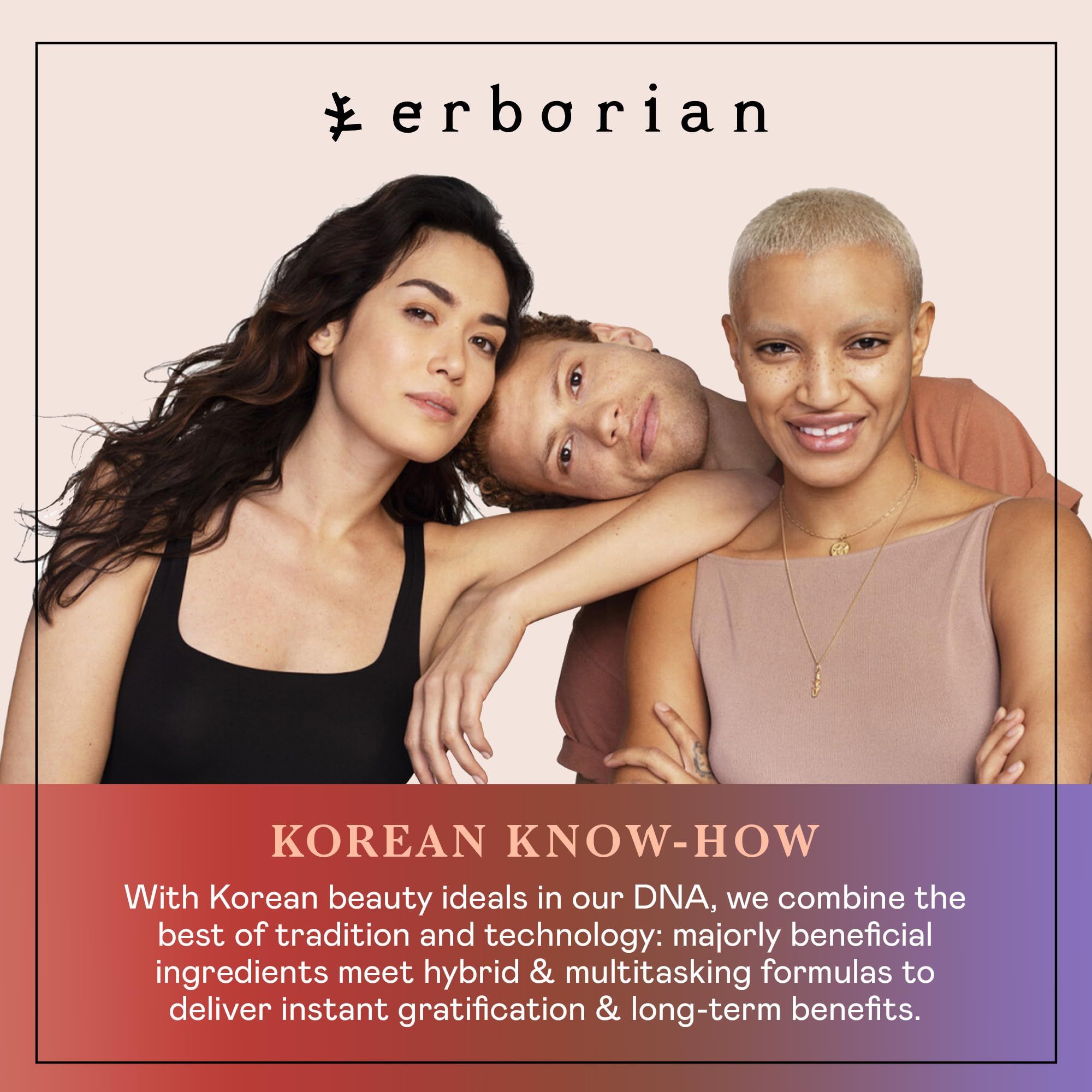 Drei Personen. Logo 'Erborian'. Text: Korean Know-How. Text über koreanische Schönheitsideale und Technologie.