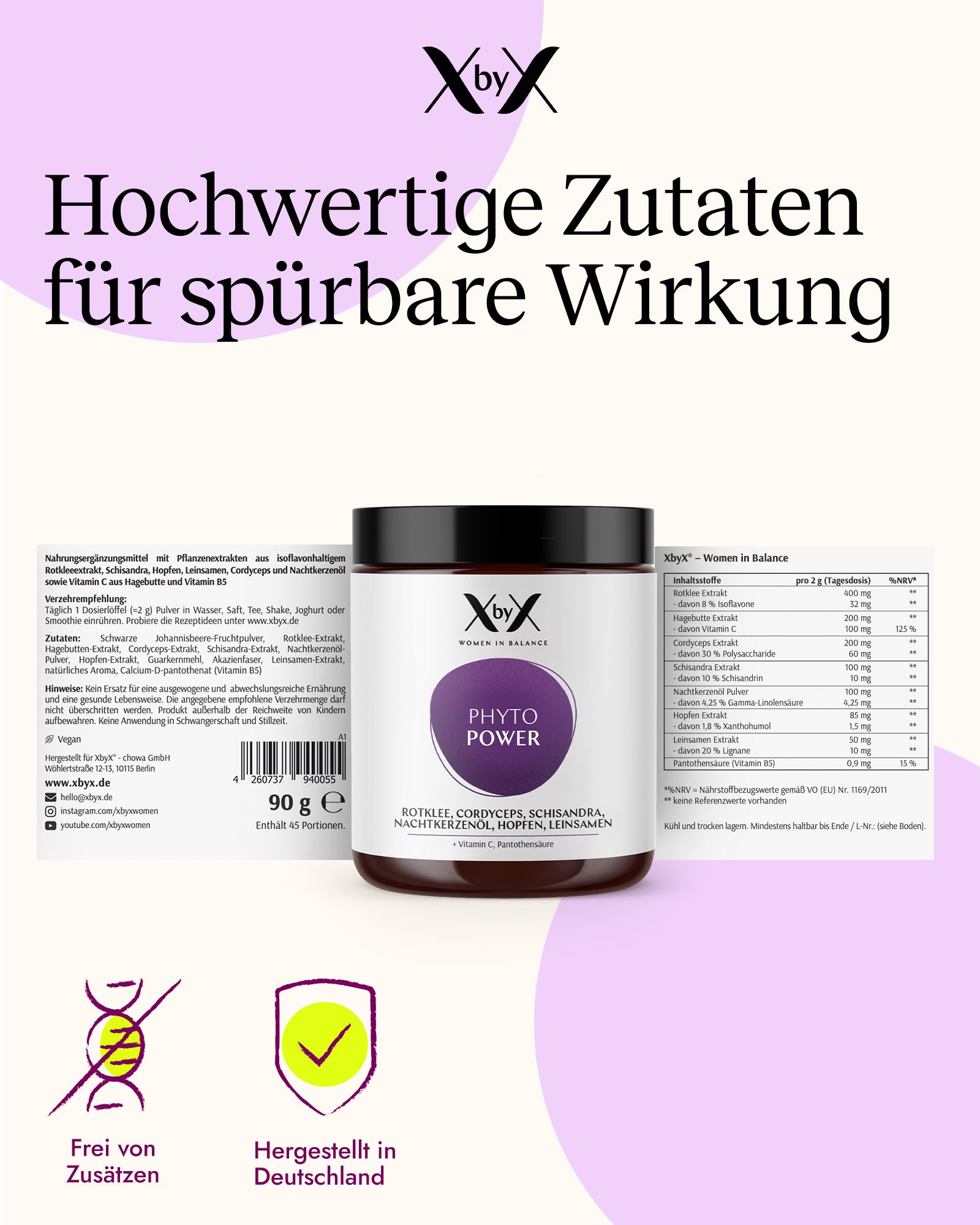 XbyX® Phyto Power – Rotklee Wechseljahre¹ Pulver, Isoflavone, Adaptogene, Vitamine für Frauen ab 50