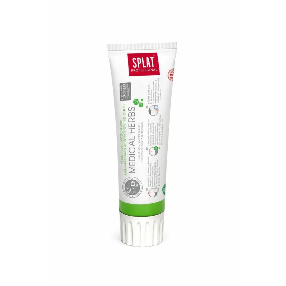Zahncreme-Tube, weiß mit grünen und roten Akzenten. Aufschrift: SPLAT Professional Medical Herbs.