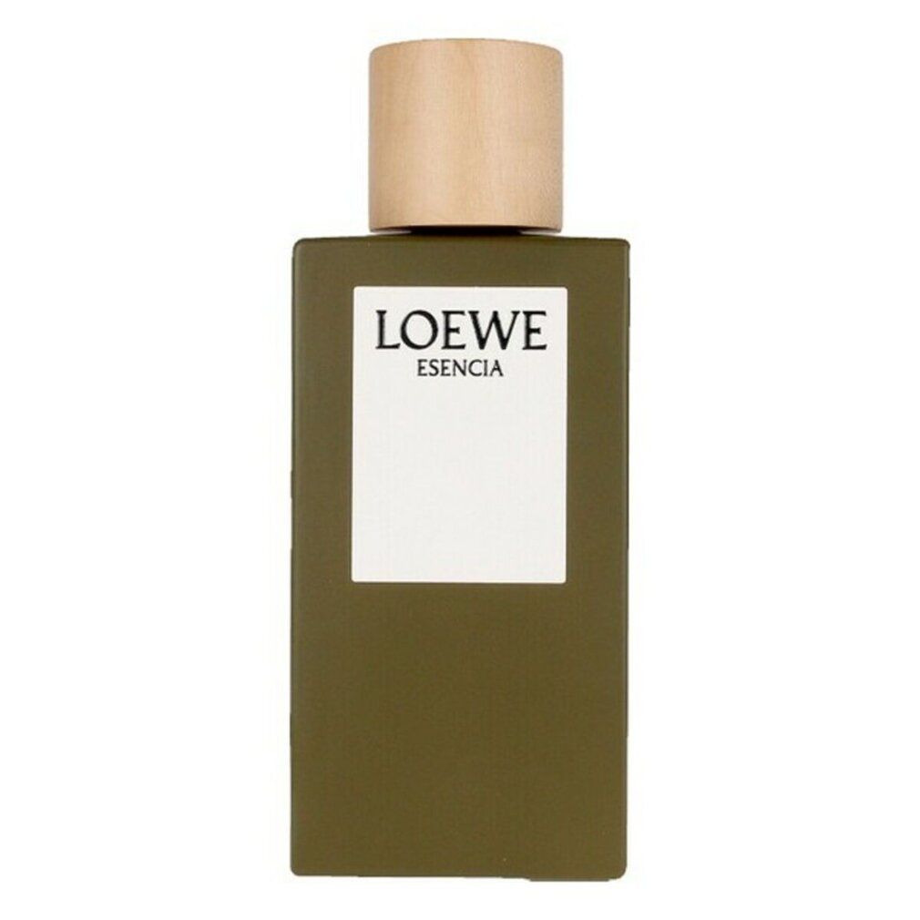 Loewe Esencia Eau de Toilette Flakon. Rechteckiger, brauner Flakon mit Holzverschluss. Weißes Etikett mit Logo.