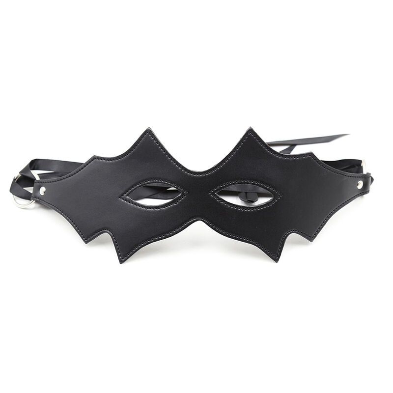 Schwarze Augenmaske in Fledermausform. Mit Augenöffnungen und Bändern. Aus Kunstleder.