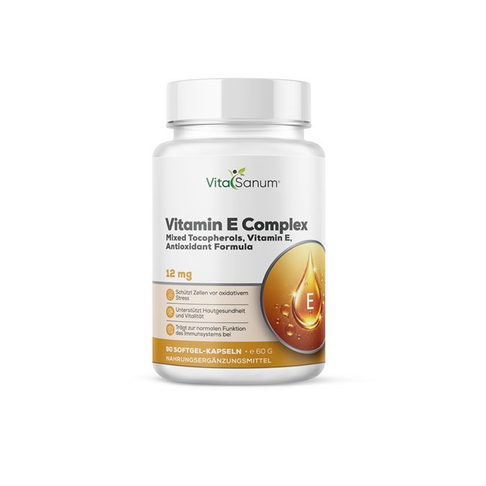 VitaSanum Vitamin E Complex in weißer Flasche. 90 Softgel-Kapseln. Aufdruck mit Produktinformationen und Logo.