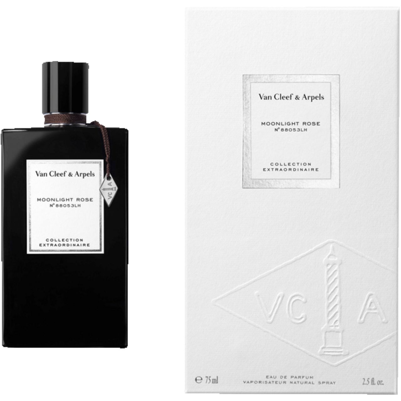 Schwarzer Flakon und weiße Verpackung. Aufschrift: Van Cleef & Arpels, Moonlight Rose, Collection Extraordinaire. Logo auf der Verpackung.