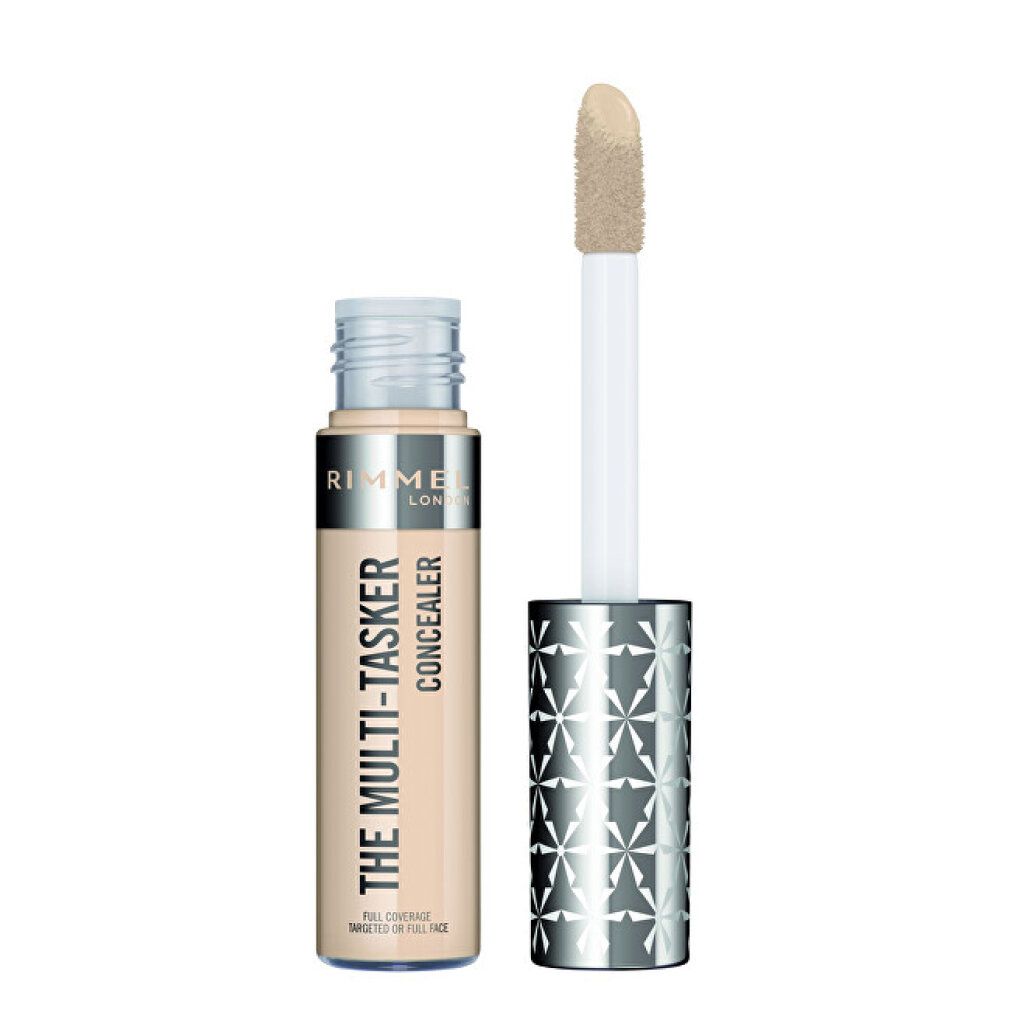 Beige Concealer-Tube mit silbernem Deckel und Applikator. Aufschrift: Rimmel London, THE MULTI-TASKER.