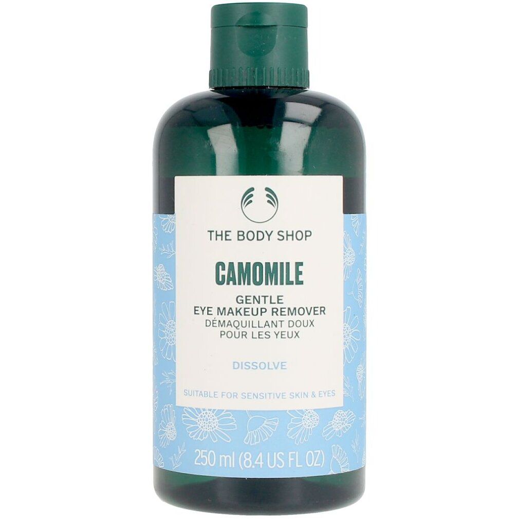Grüne Flasche mit blauem Etikett. Aufschrift: CAMOMILE, Gentle Eye Make-Up Remover. 250 ml. Geeignet für empfindliche Haut.