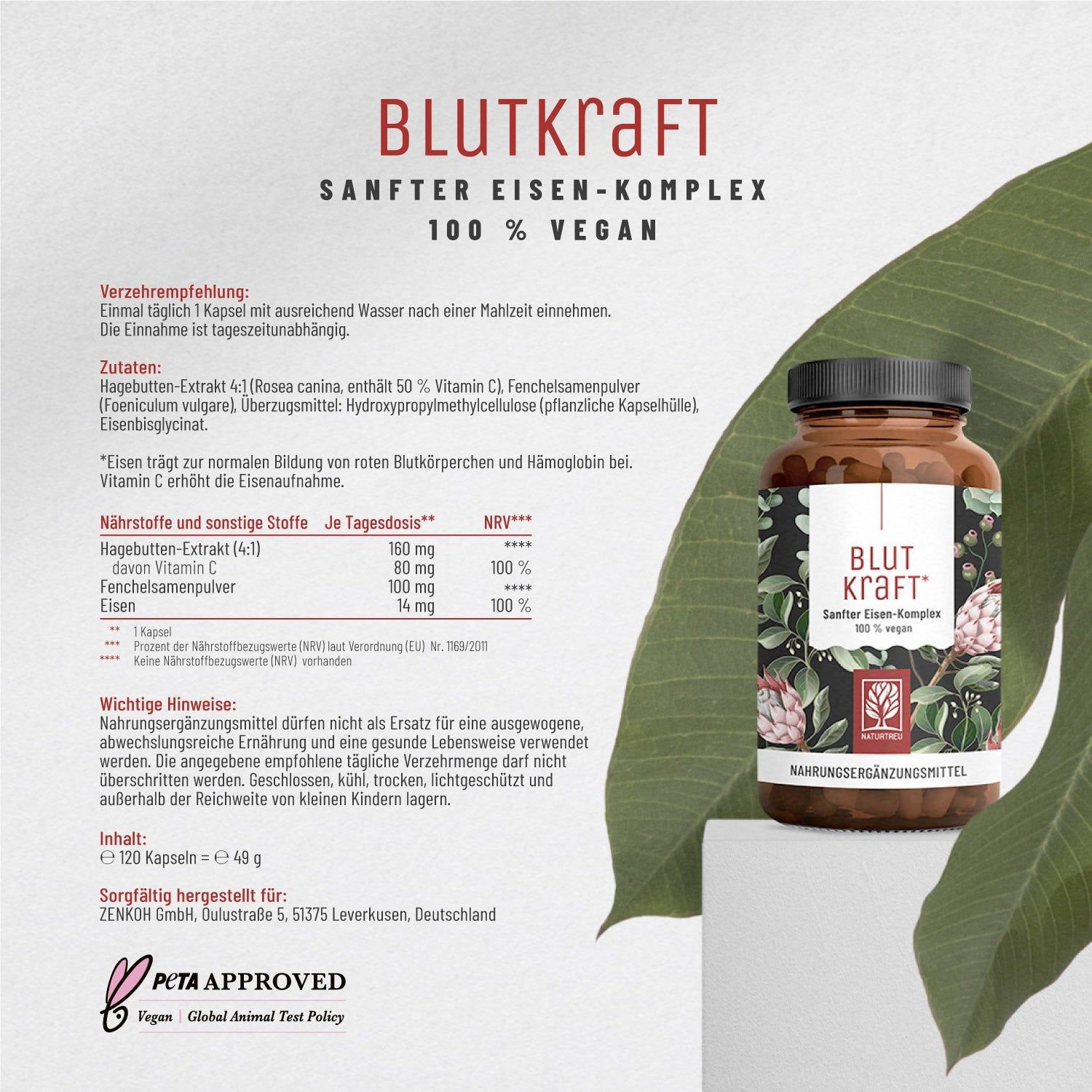 Produktflasche mit Text: Blutkraft, Sanfter Eisen-Komplex, 100% vegan. Zutatenliste, Nährwertangaben. PETA-Siegel.