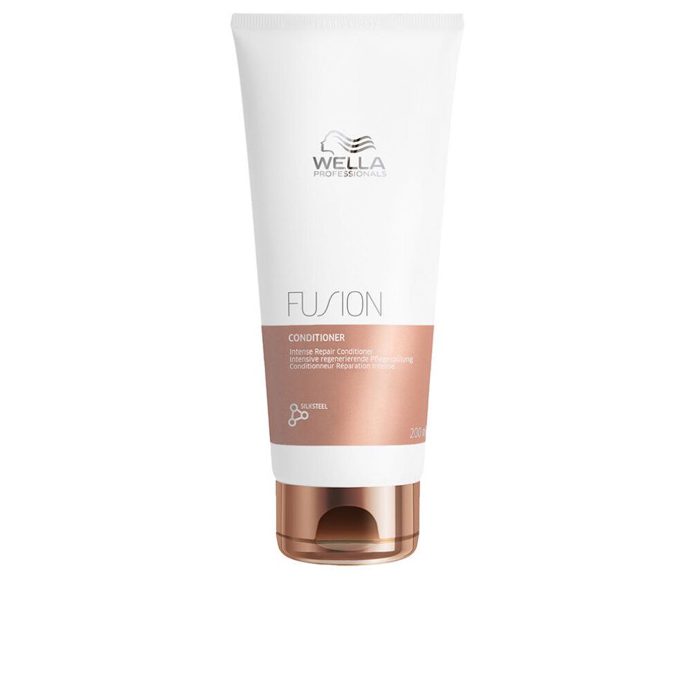 Wella Fusion Conditioner Tube. Weiß, mit kupferfarbenem Abschnitt und Verschluss. Schriftzug: Fusion, Conditioner, 200 ml.