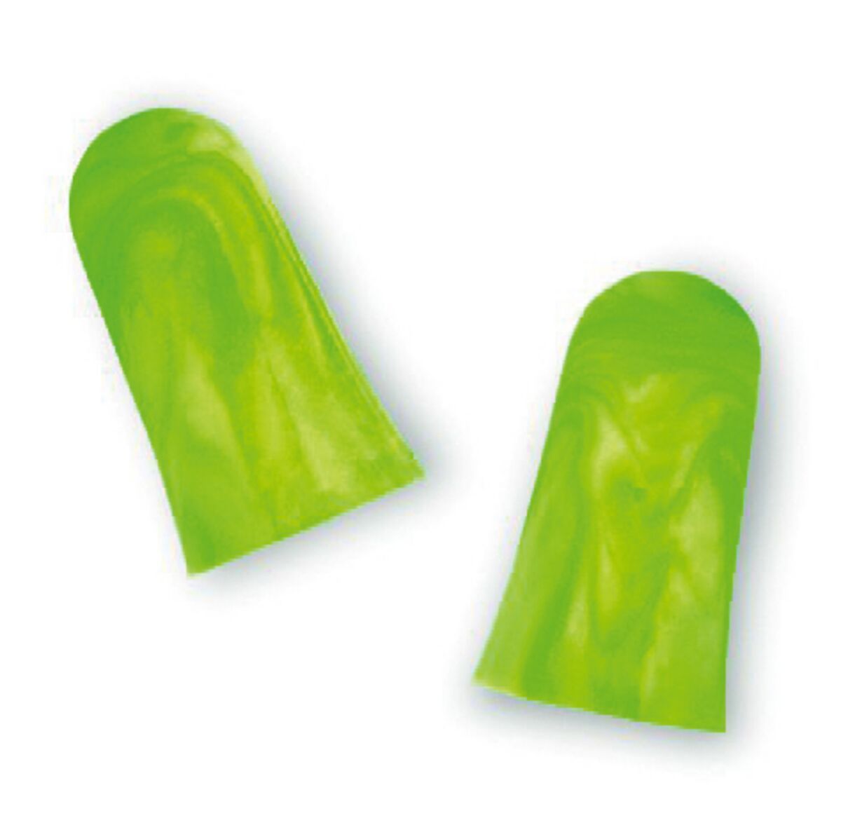 Zwei grüne Gehörschutzstöpsel. Konische Form, marmoriertes Muster. Auf weißem Hintergrund.