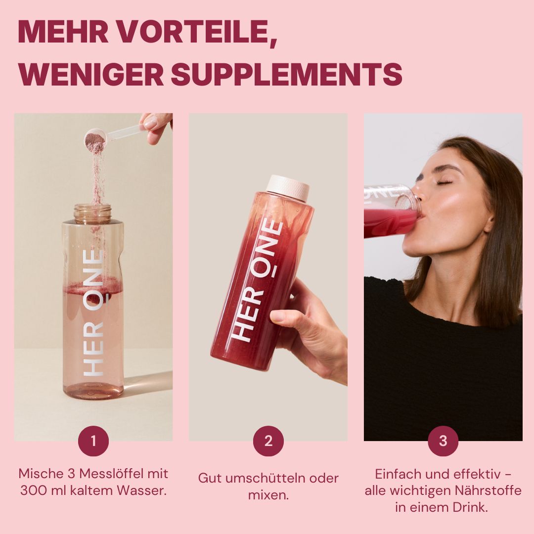 Drei Bilder zeigen die Zubereitung des Getränks. Pulver wird in eine Flasche gegeben, geschüttelt und getrunken. Text: HER ONE.
