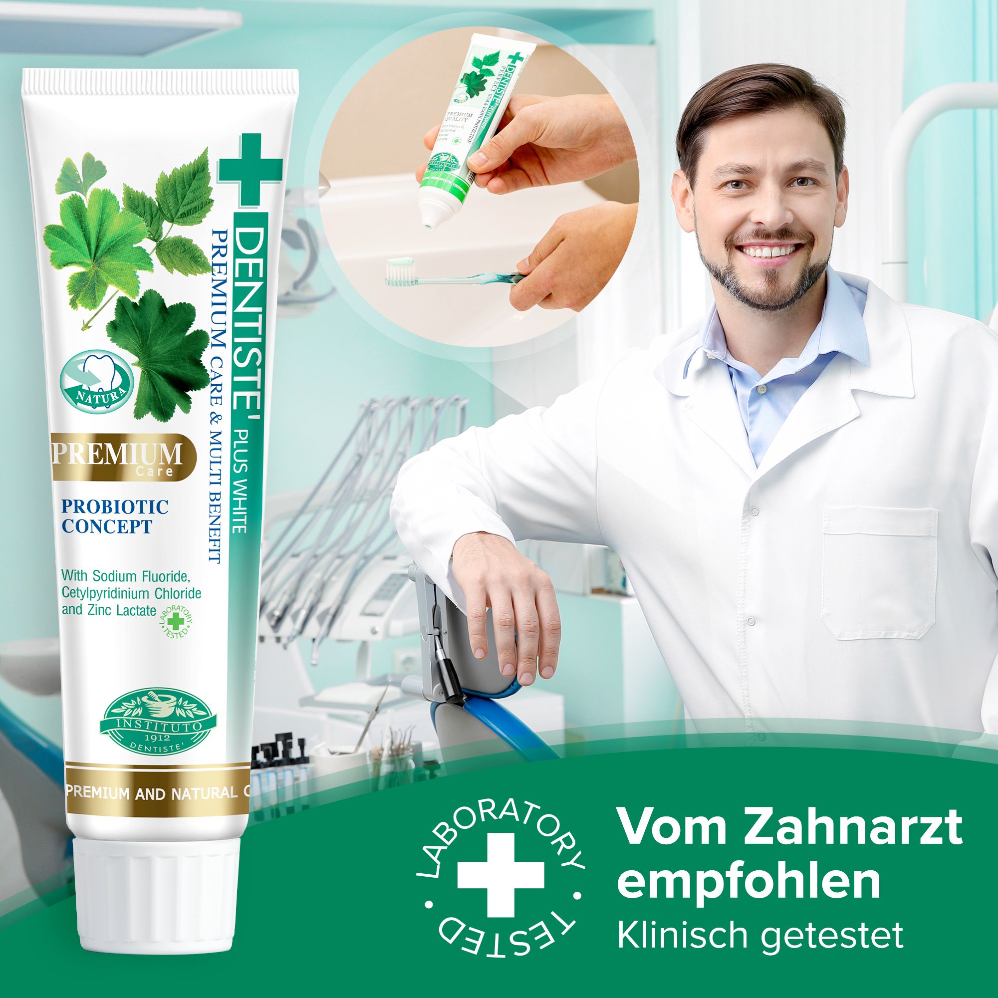 Zahnpasta-Tube mit Text und Arzt. Vom Zahnarzt empfohlen. Klinisch getestet. Premium Care & Multi Benefit. Mit Natriumfluorid.