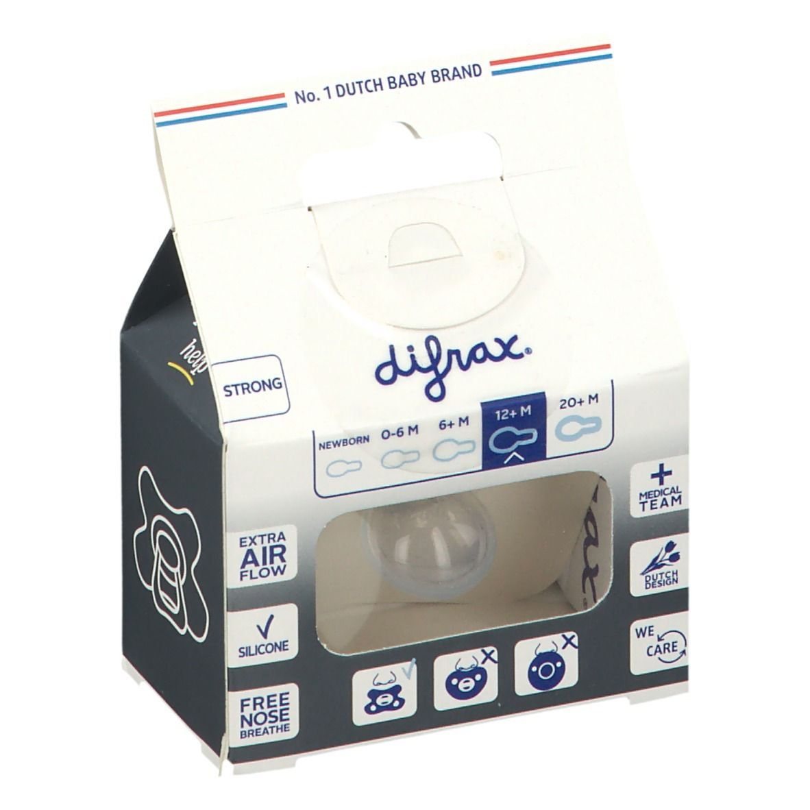 Difrax Schnuller Natural 12+ Monate in Verpackung. Transparenter Schnuller sichtbar. Verpackung mit Logo und Produktinformationen.