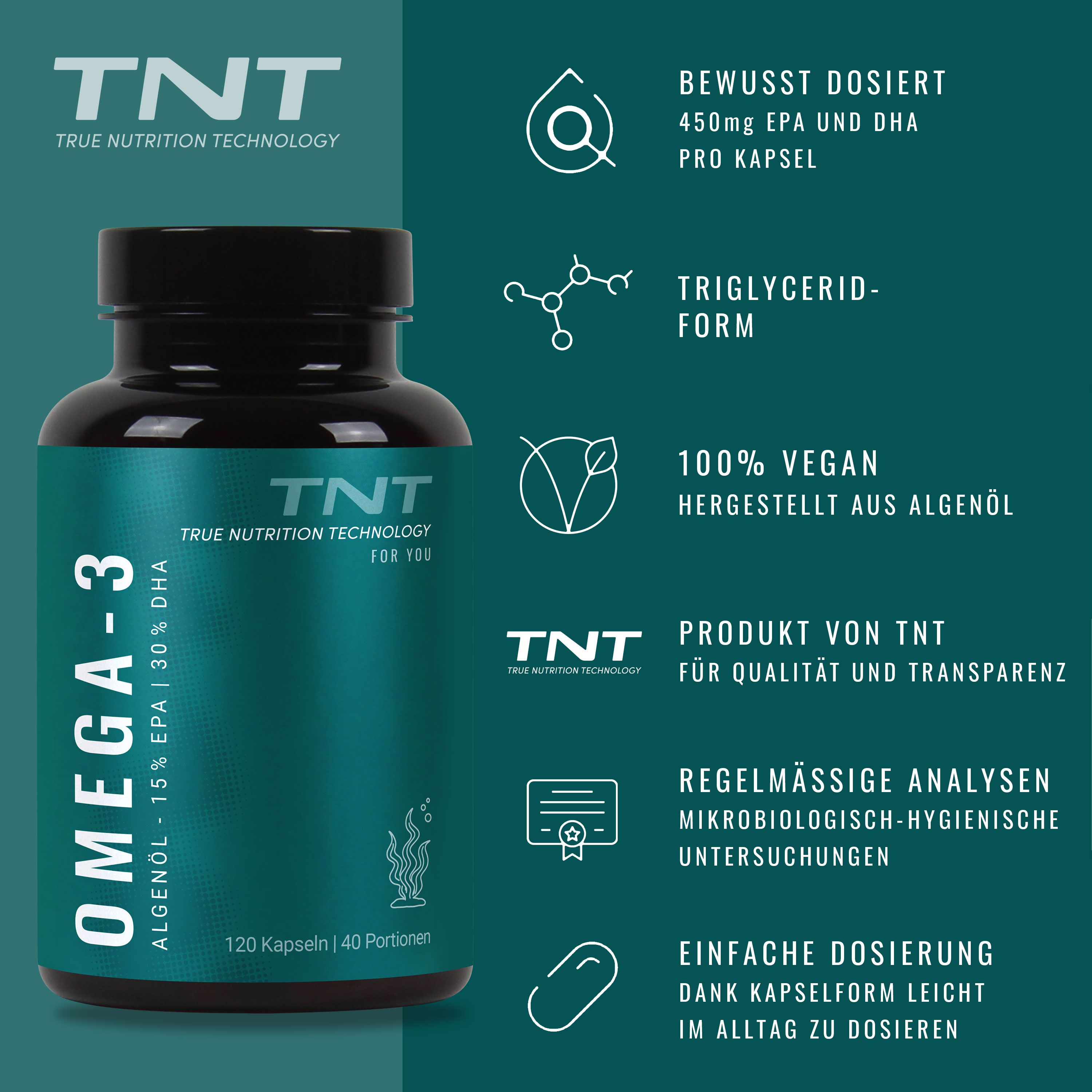 Flasche Omega-3 mit Informationen zu Inhaltsstoffen und veganer Herstellung.