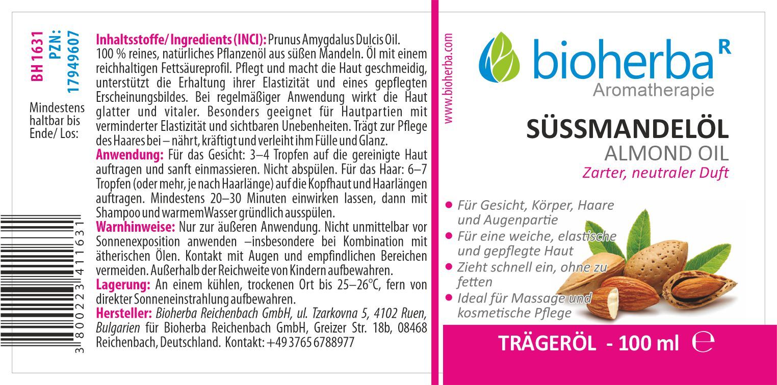 Weißes Etikett mit Produktname und Logo. Text in deutscher Sprache. Abbildung von Mandeln. Rosafarbener Streifen mit Text.