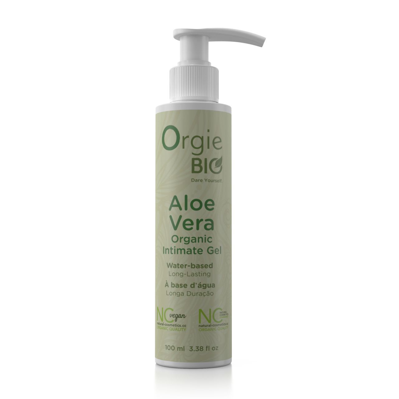 Grüne Flasche mit Pumpe. Aufschrift: Orgie BIO Aloe Vera Organic Intimate Gel. Vegan-Siegel.