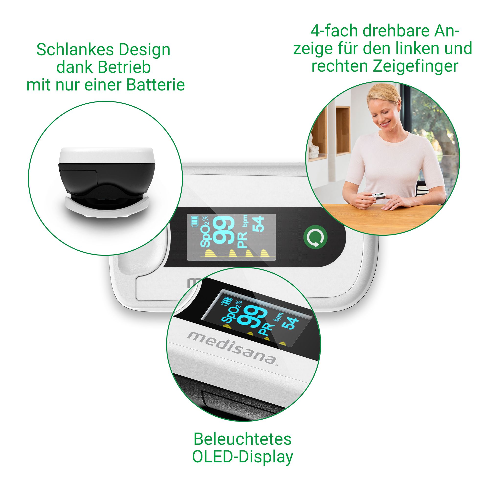 medisana Pulsoximeter mit Nahaufnahmen des Displays und des Batteriefachs.