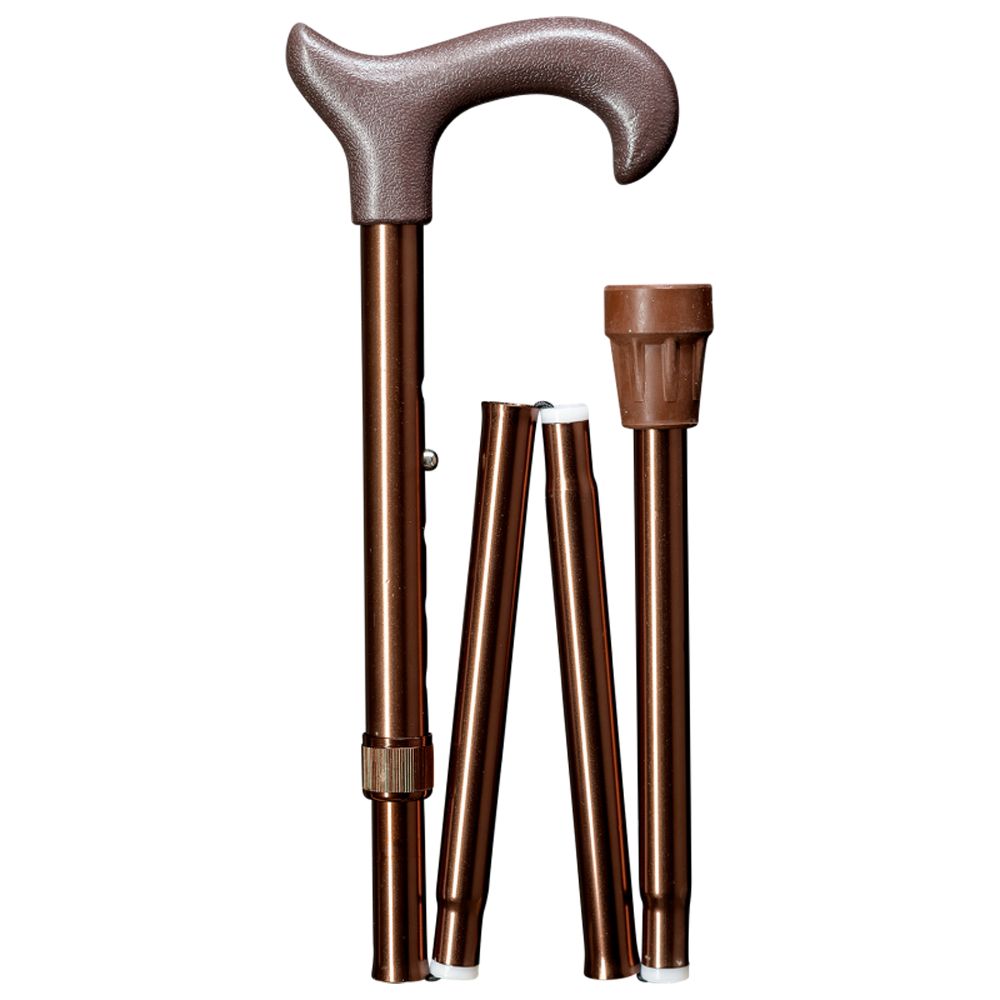 Faltstock in Bronze. Ergonomischer Derby-Griff. Vierfach faltbar. Gummifuß. Braune und bronzefarbene Elemente.