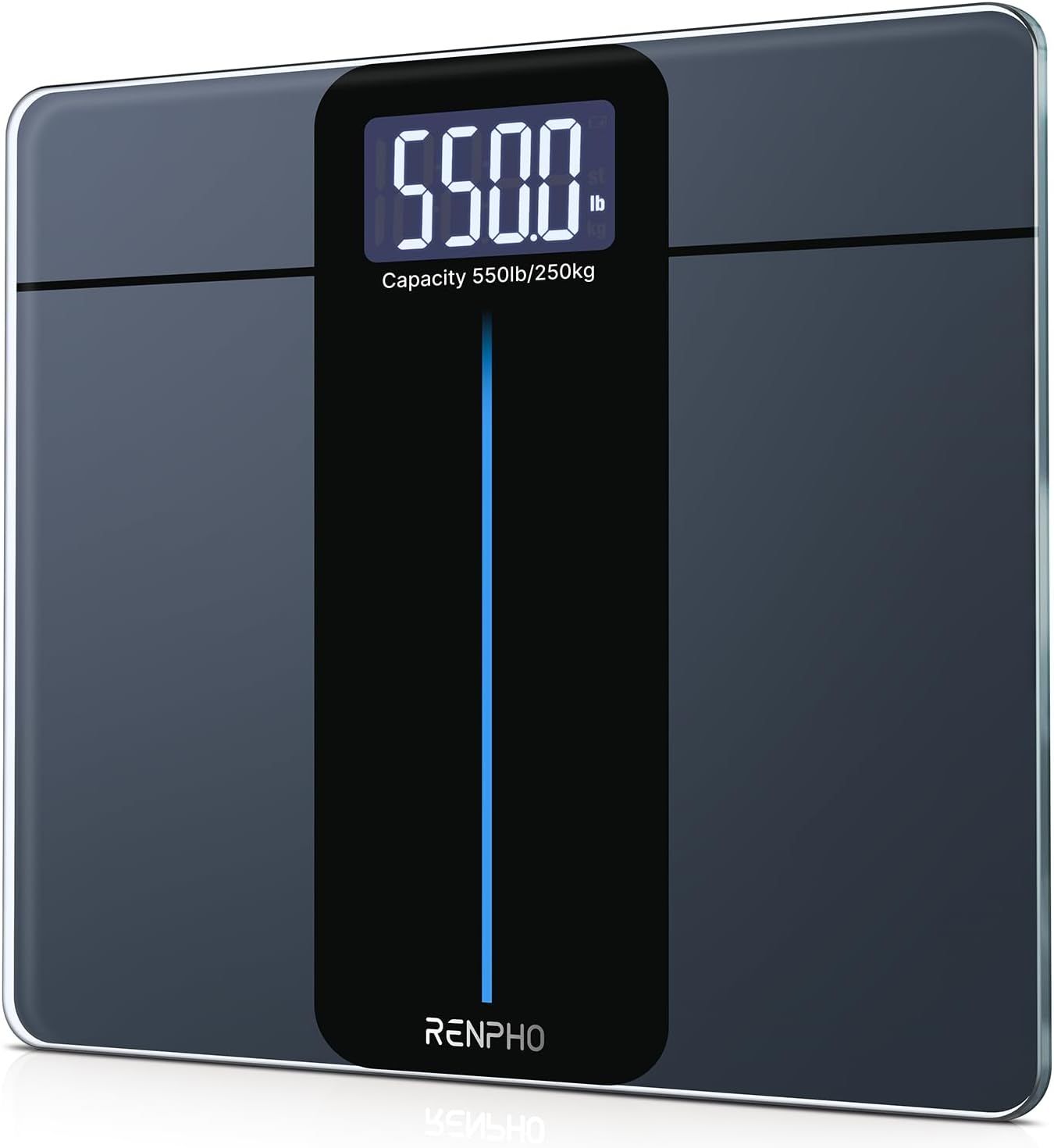 Digitale Personenwaage. Schwarzes Design. Anzeige von 5500. Kapazität: 550lb/250kg. RENPHO Logo.