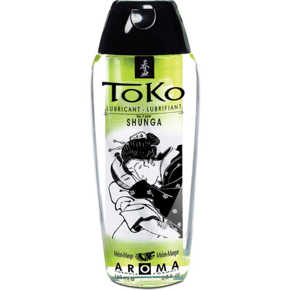 Flüssiges Gleitmittel in einer transparenten Flasche mit schwarzem Deckel. Etikett mit Schriftzug „Toko“ und Illustration.