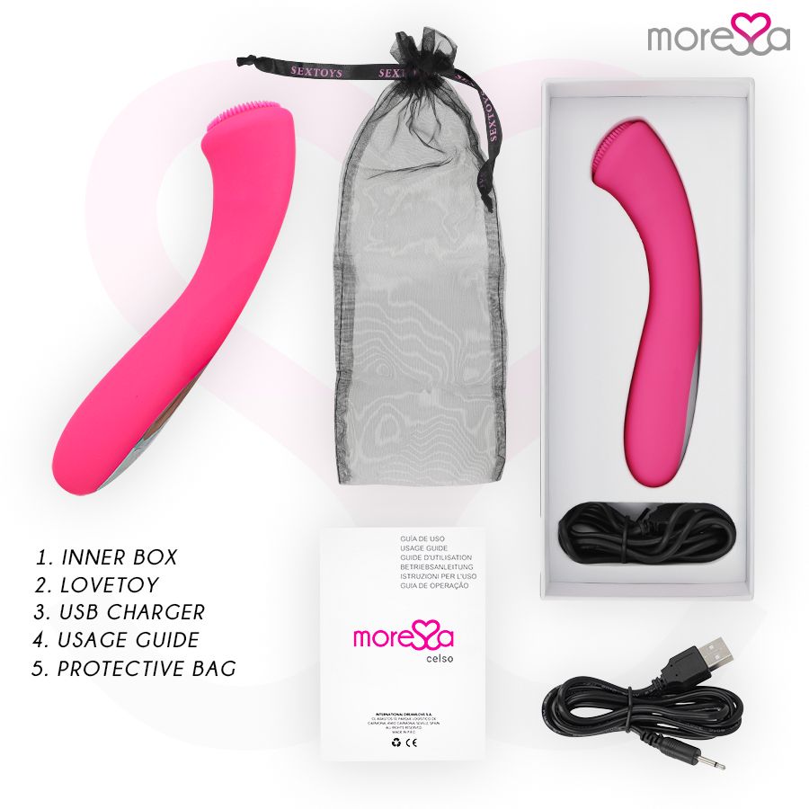 Pinker Silikon-Vibrator, USB-Ladegerät, Anleitung und Schutztasche in geöffneter Verpackung.