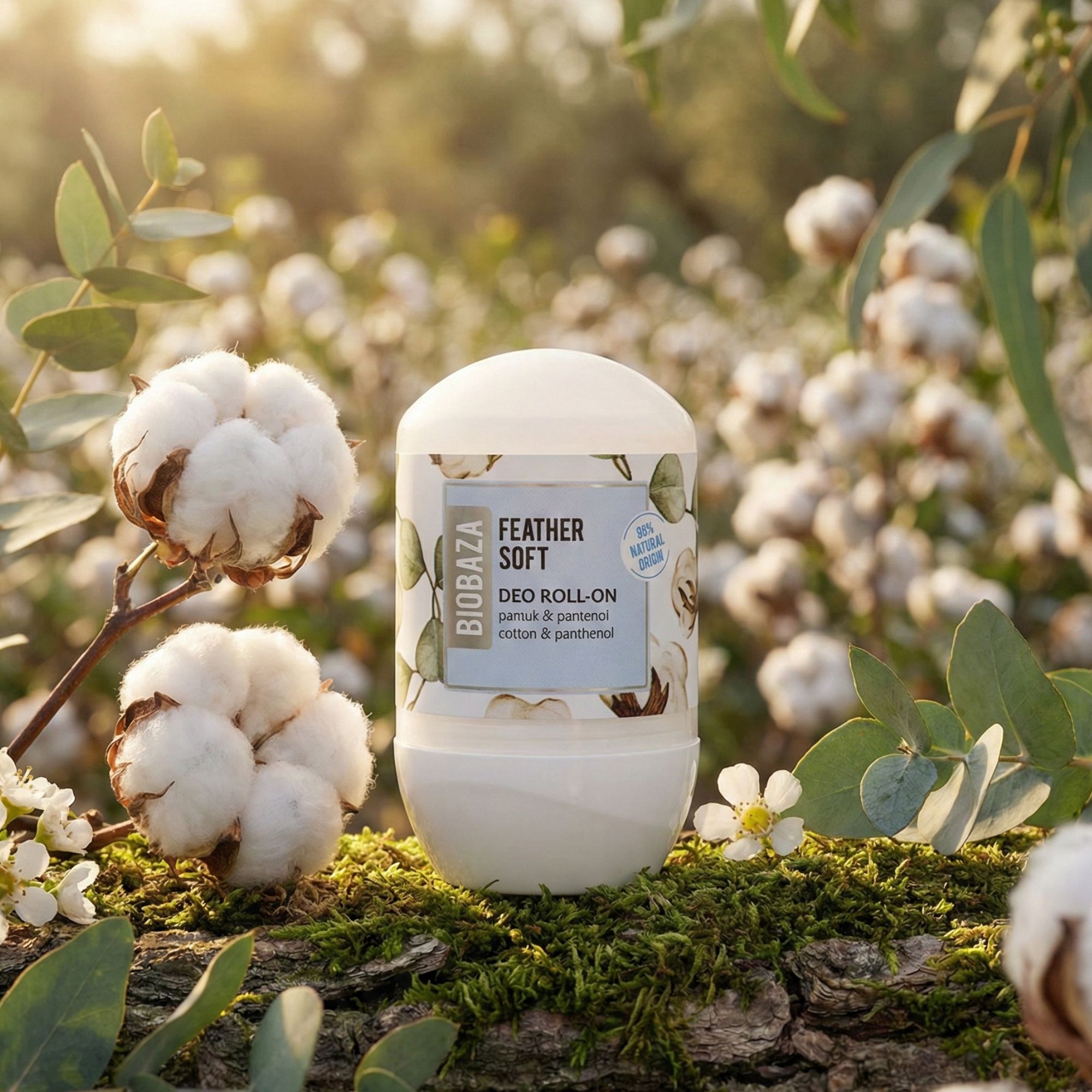 Weißer Deo Roll-On auf Baumstamm. Aufschrift: Feather Soft, Deo Roll-On. Umgebung: Baumwollblüten, Blätter, Blumen.