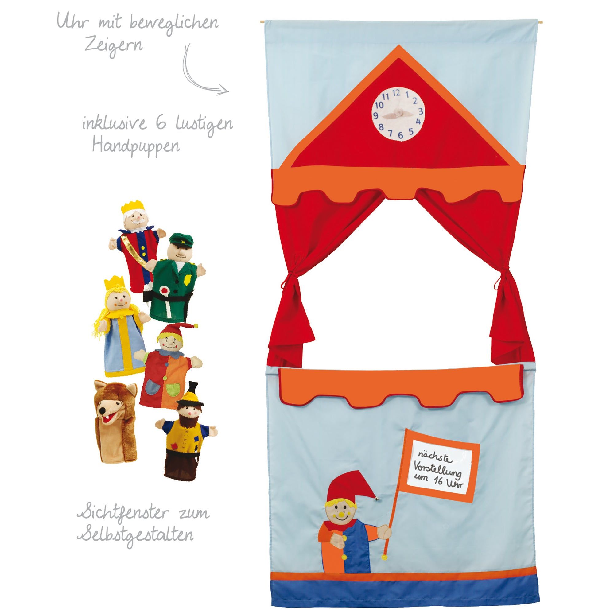 Theater für Türen mit 6 Handpuppen. Blau-rotes Design mit Uhr und Fenster. Puppen in verschiedenen Kostümen.