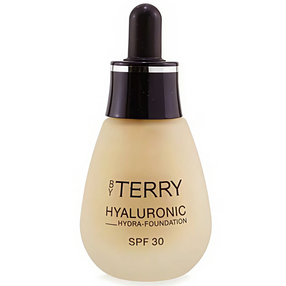Beige Foundation-Flasche mit schwarzem Deckel. Aufschrift: By Terry, Hyaluronic Hydra-Foundation, SPF 30.