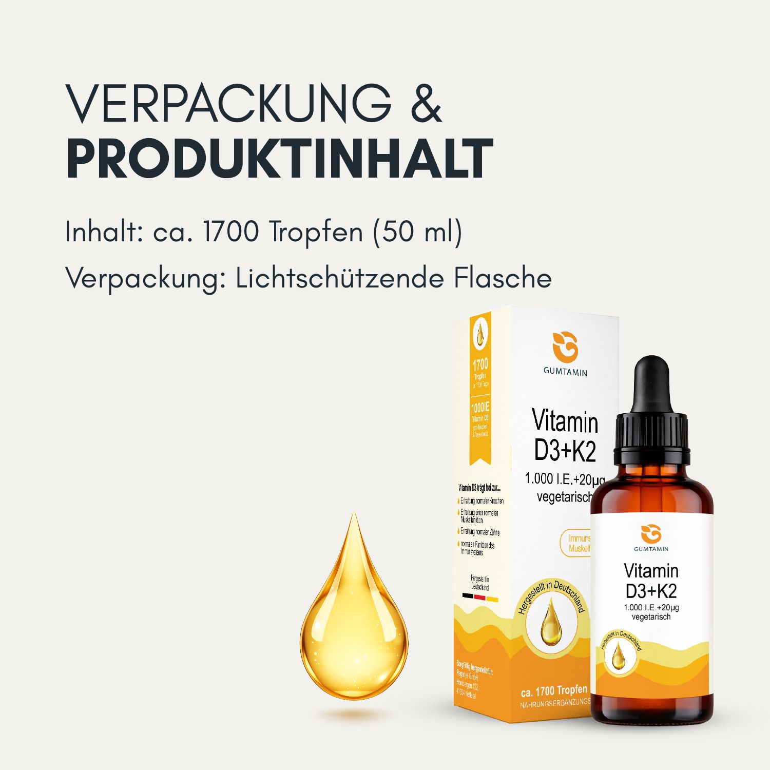 Produktabbildung mit Flasche, Tropfen und Karton. Text: Verpackung & Produktinhalt. Inhalt: ca. 1700 Tropfen (50 ml). Verpackung: Lichtschützende Flasche.