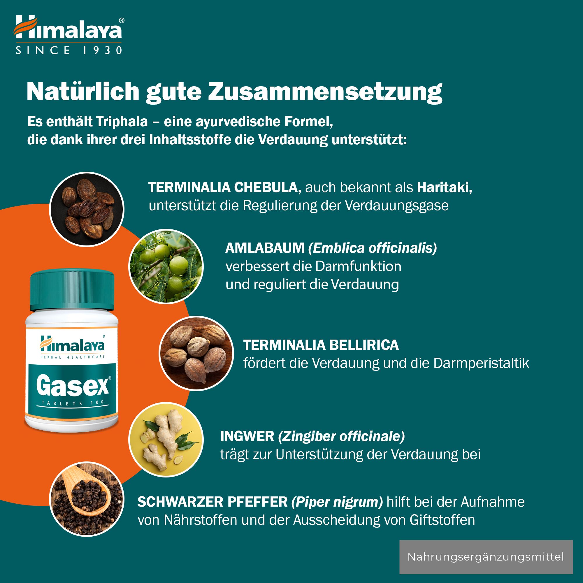 Himalaya Gasex Tablettenflasche mit Darmsymbol und Daumen hoch.
