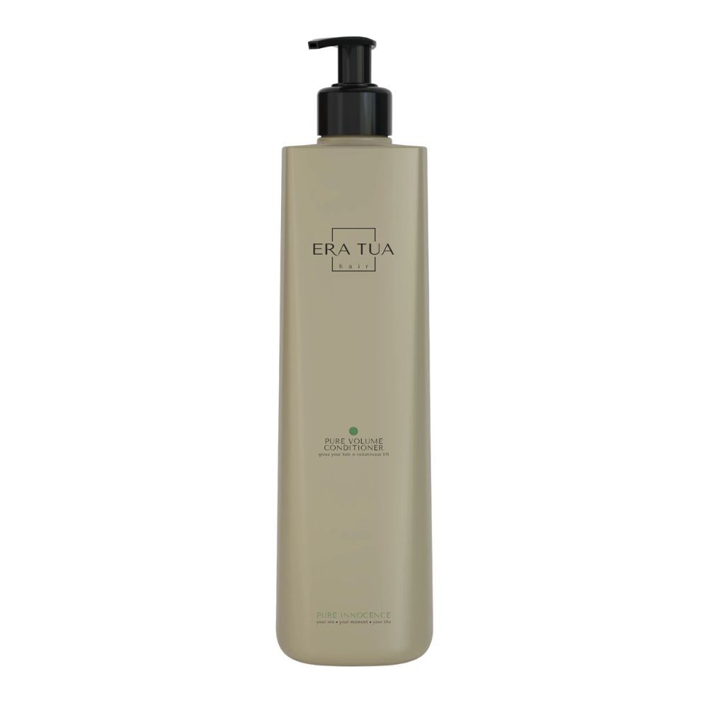 Beige Flasche mit schwarzem Pumpverschluss. Text: Era Tua, Pure Volume Conditioner. Grüner Punkt.