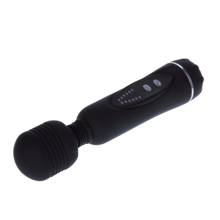 Schwarz Vibrator. Zylindrischer Körper, abgerundeter Kopf. Bedienfeld mit Knöpfen und LEDs. Silberner Ring am Kopf.