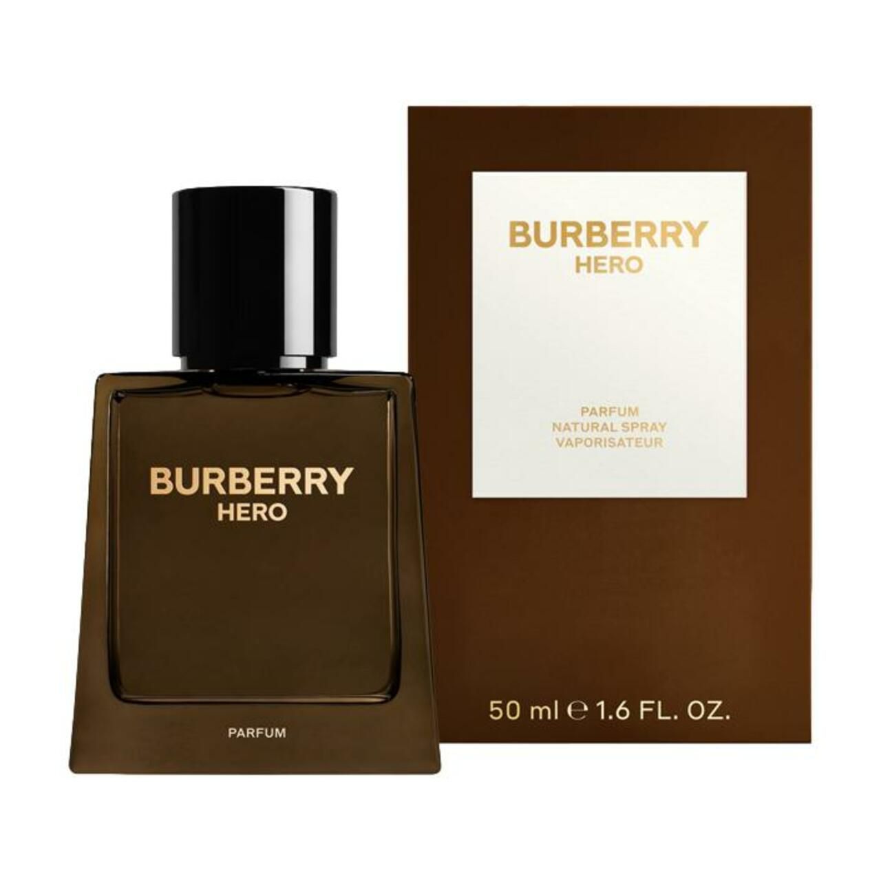 Burberry Hero Parfum und Verpackung. Braune Flasche, schwarzer Deckel. Goldener Schriftzug. Braune Verpackung mit weißem Feld.
