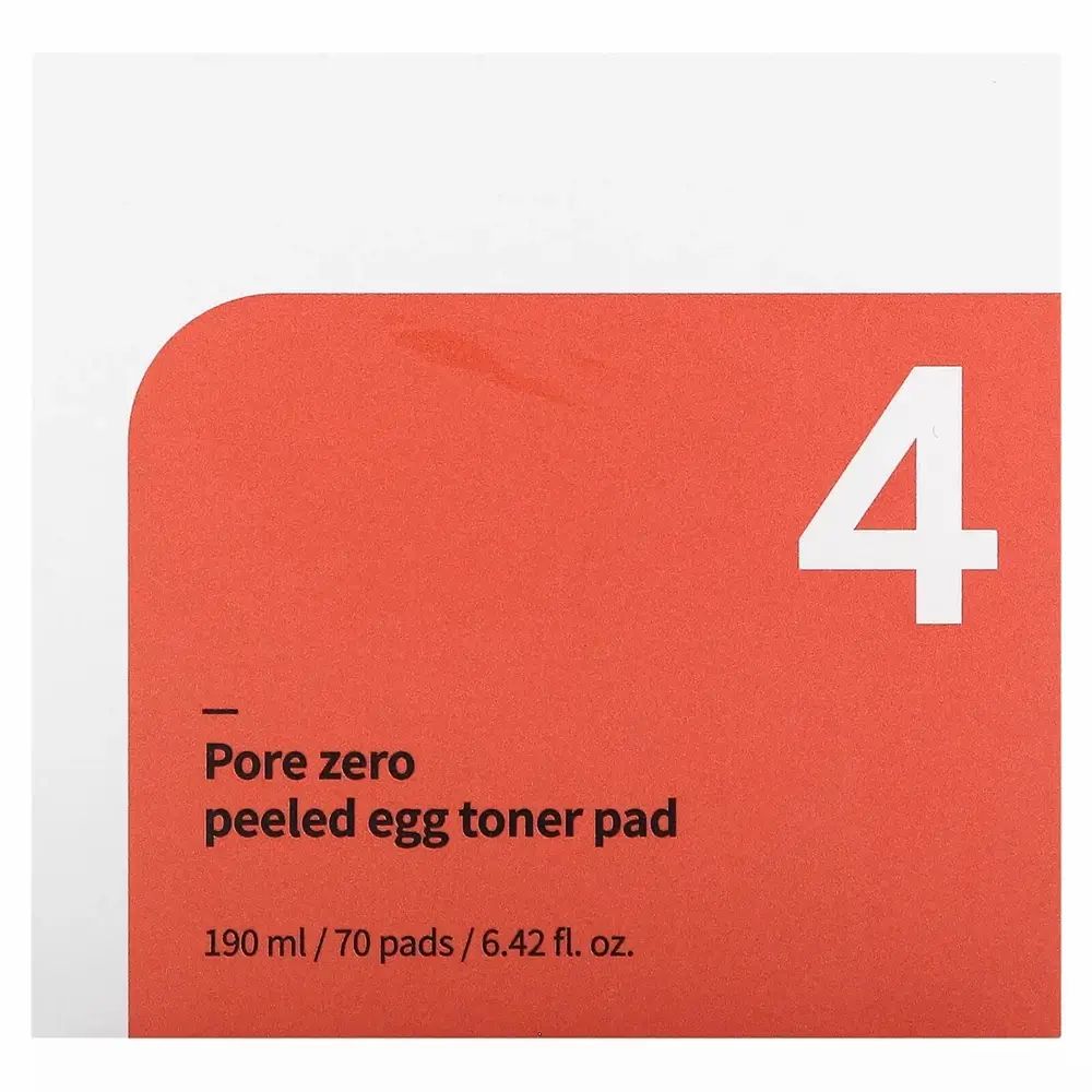 Rote Karte mit weißer Zahl 4. Text: Pore zero peeled egg toner pad, 190 ml / 70 pads / 6.42 fl. oz.