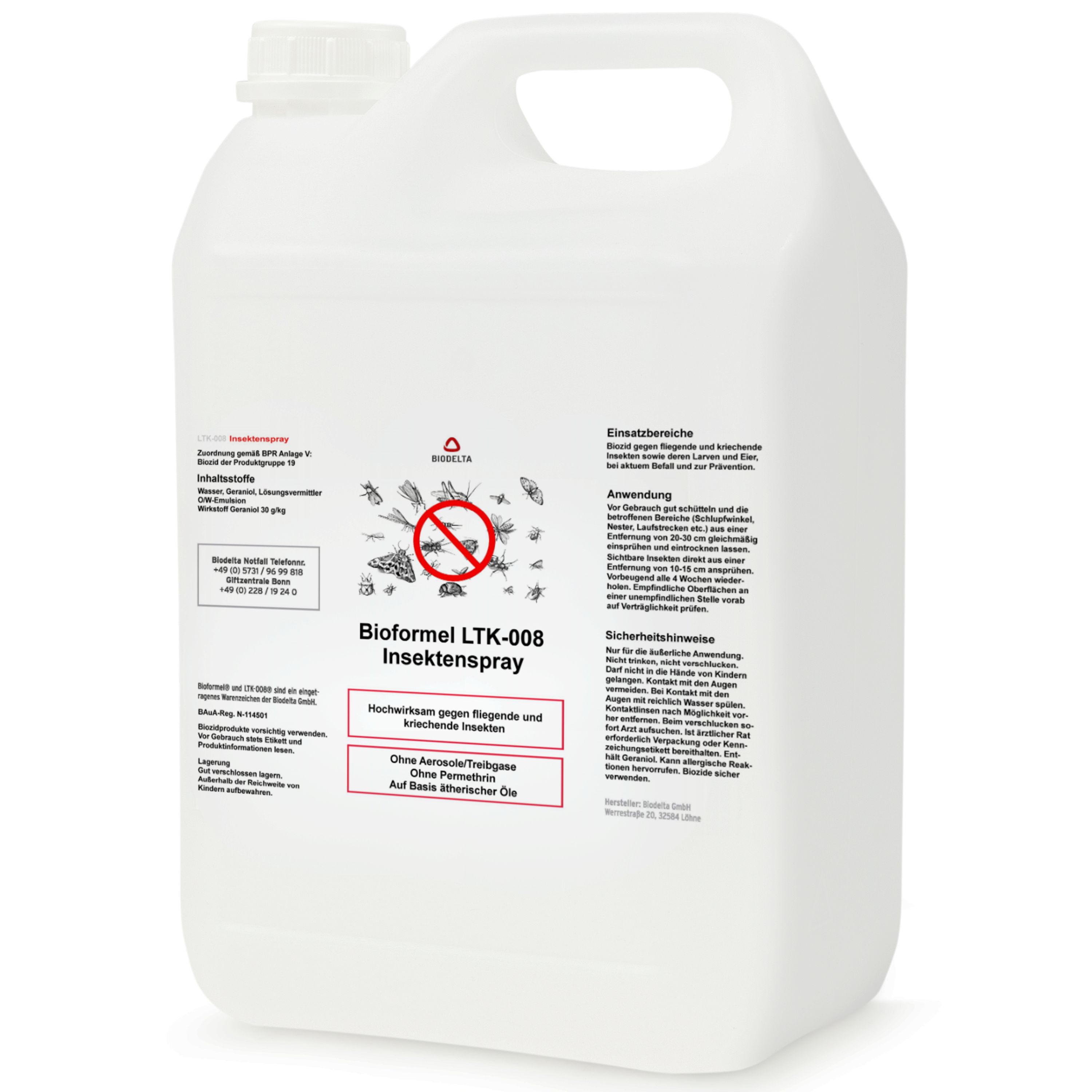 Weißer Kanister mit Griff. Aufschrift: Bioformel LTK-008 Insekten Spray. Mit Warnhinweisen und Anwendungshinweisen.