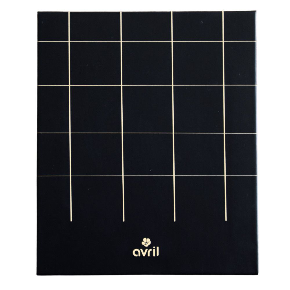 Schwarze Palette mit goldenem Gittermuster und Logo "Avril".