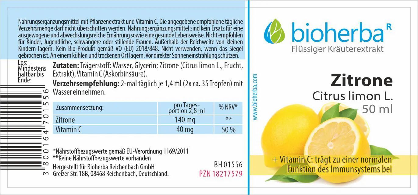 Etikett mit Produktname, Zitronen-Illustration und Markenlogo. Enthält Informationen zu Inhaltsstoffen und Dosierung.