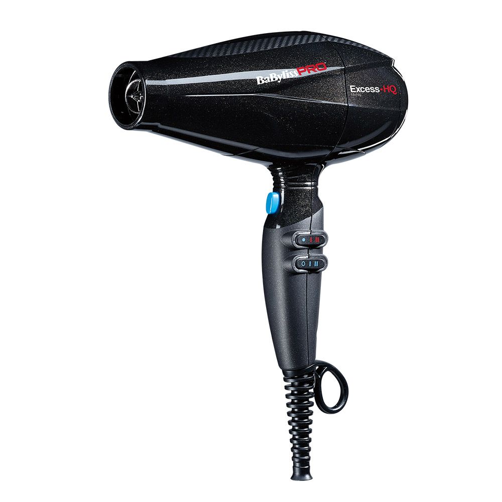 Schwarzer Haartrockner BaByliss PRO Excess HQ. Mit Bedienknöpfen und Kabel. Ansicht von vorne.