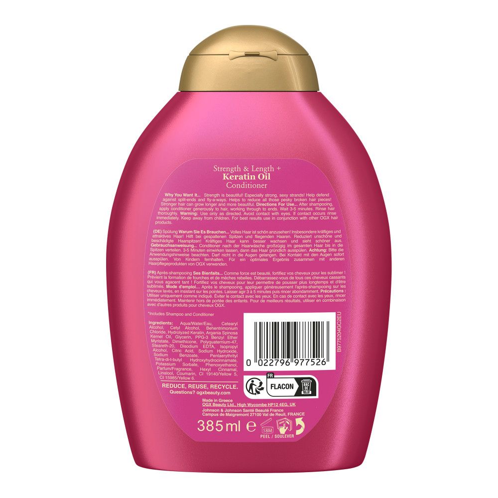 Rückseite einer rosa Conditioner-Flasche. Text: Produktinformationen, Inhaltsstoffe, Herstelleradresse, Recycling-Hinweise.