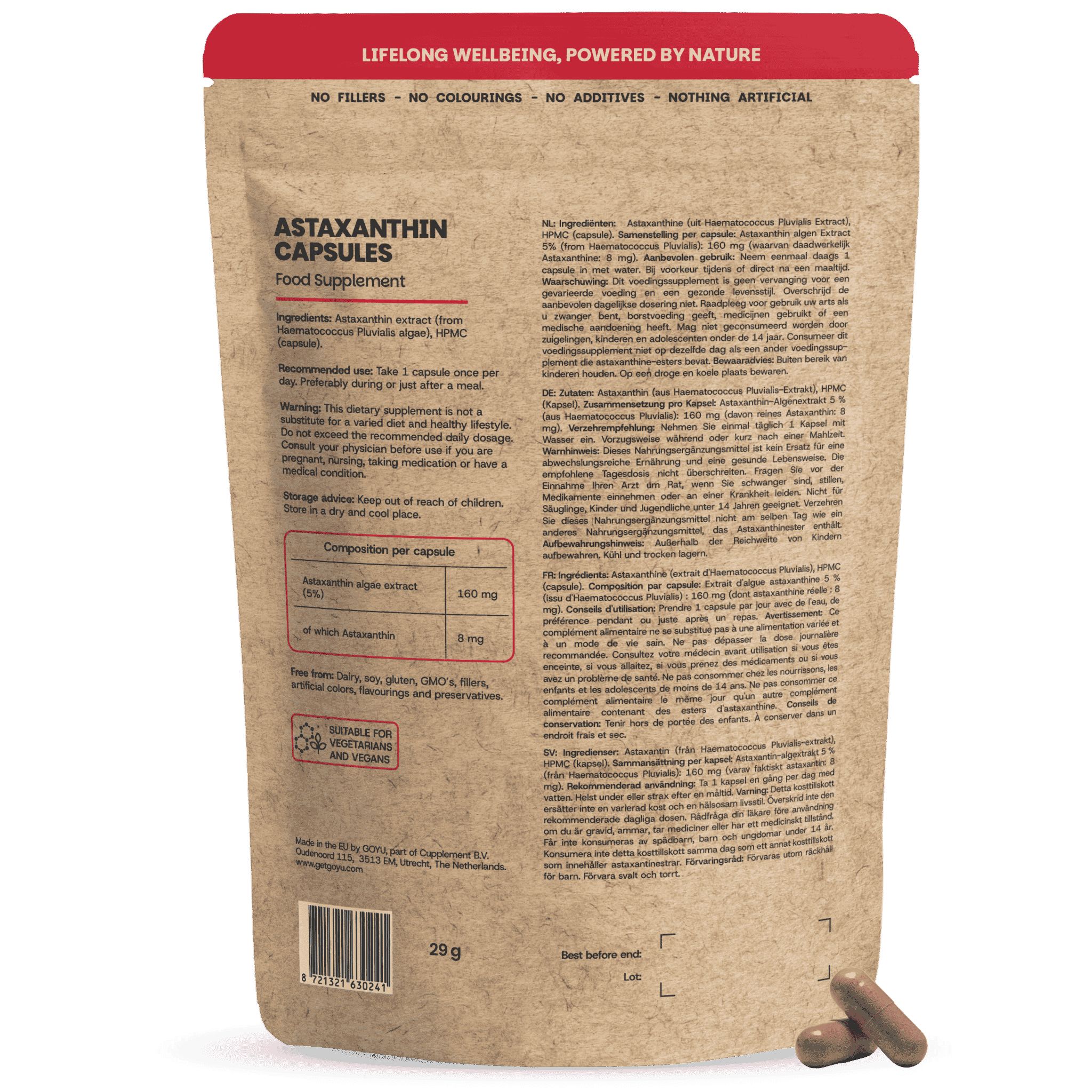 Verpackung mit Astaxanthin-Kapseln, zeigt Inhaltsstoffe und Vorteile.