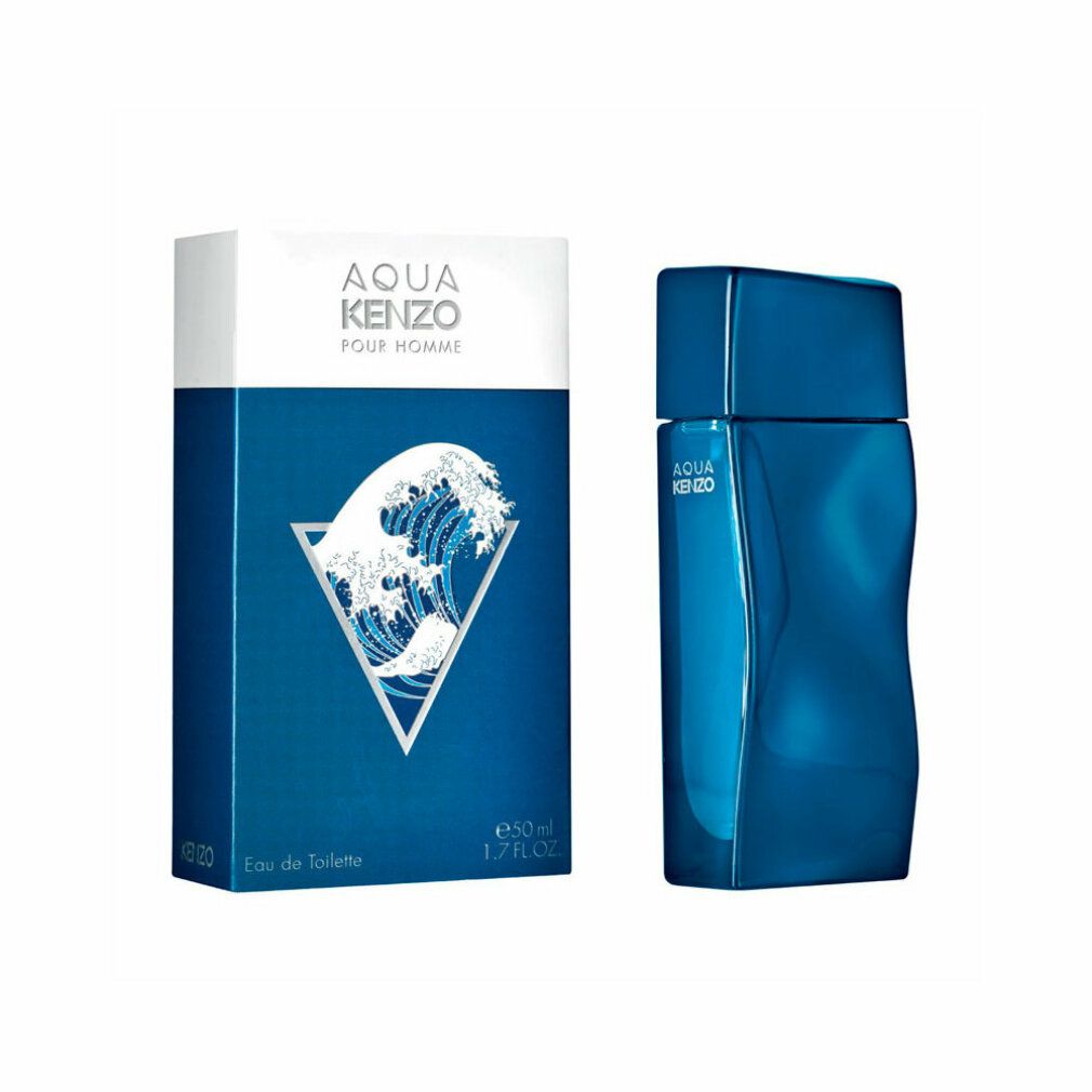 Kenzo Aqua Pour Homme Eau De Toilette Spray und Verpackung. Blaue Verpackung mit Wellenmotiv und Produktname.