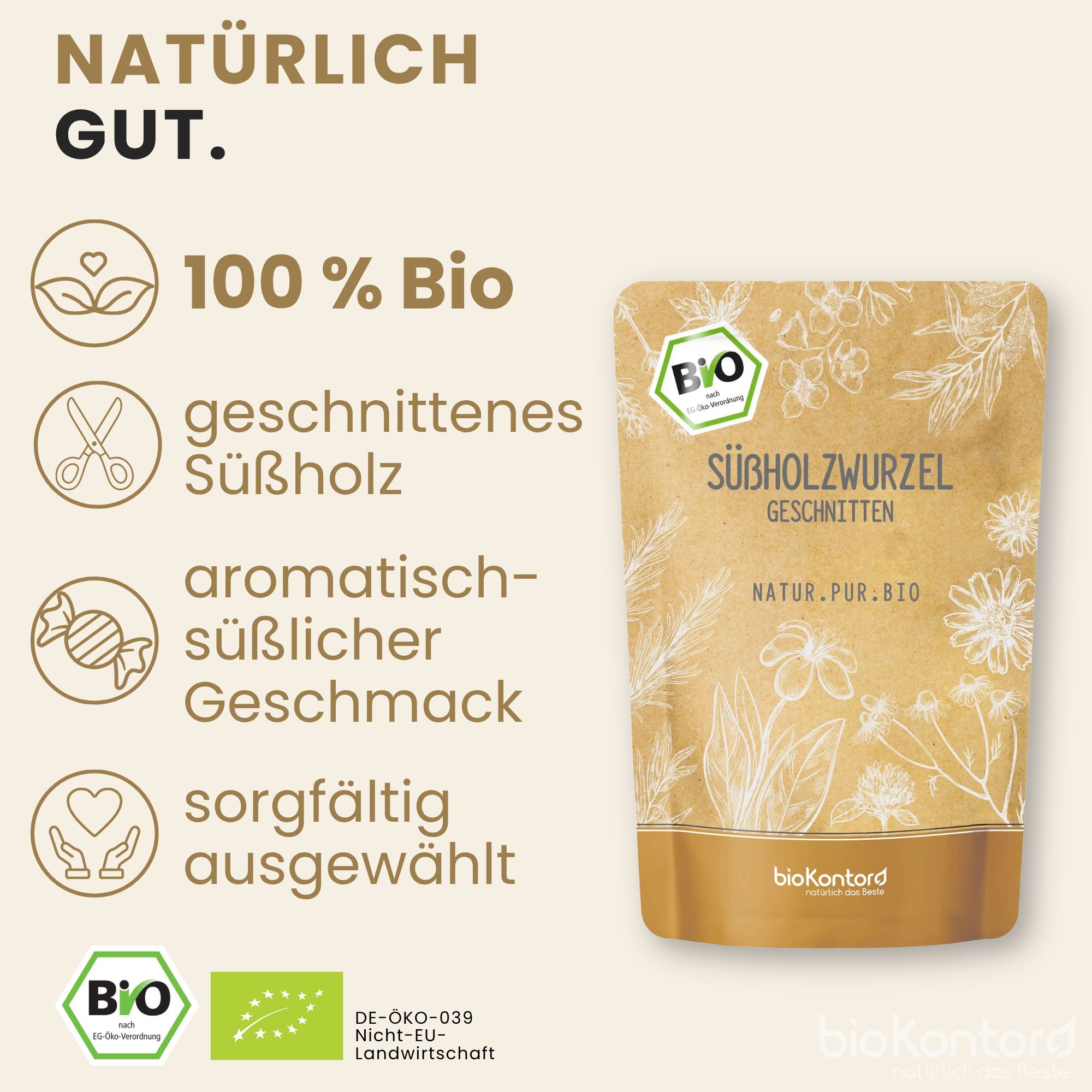 Bio-Süßholzwurzel-Tee: intensiv süß, würzig, mit Lakritzgeschmack. Ideal für Teezubereitung.
