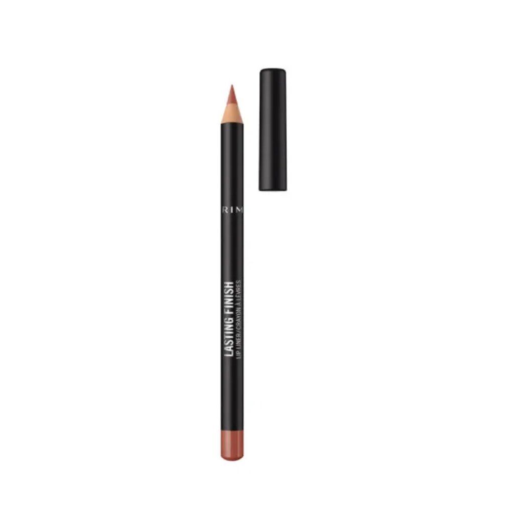 Lipliner Rimmel London Lasting Finish. Schwarzer Stift mit brauner Mine und abgenommener Kappe. Text: Lasting Finish, Lip Liner/Crayon à Lèvres.