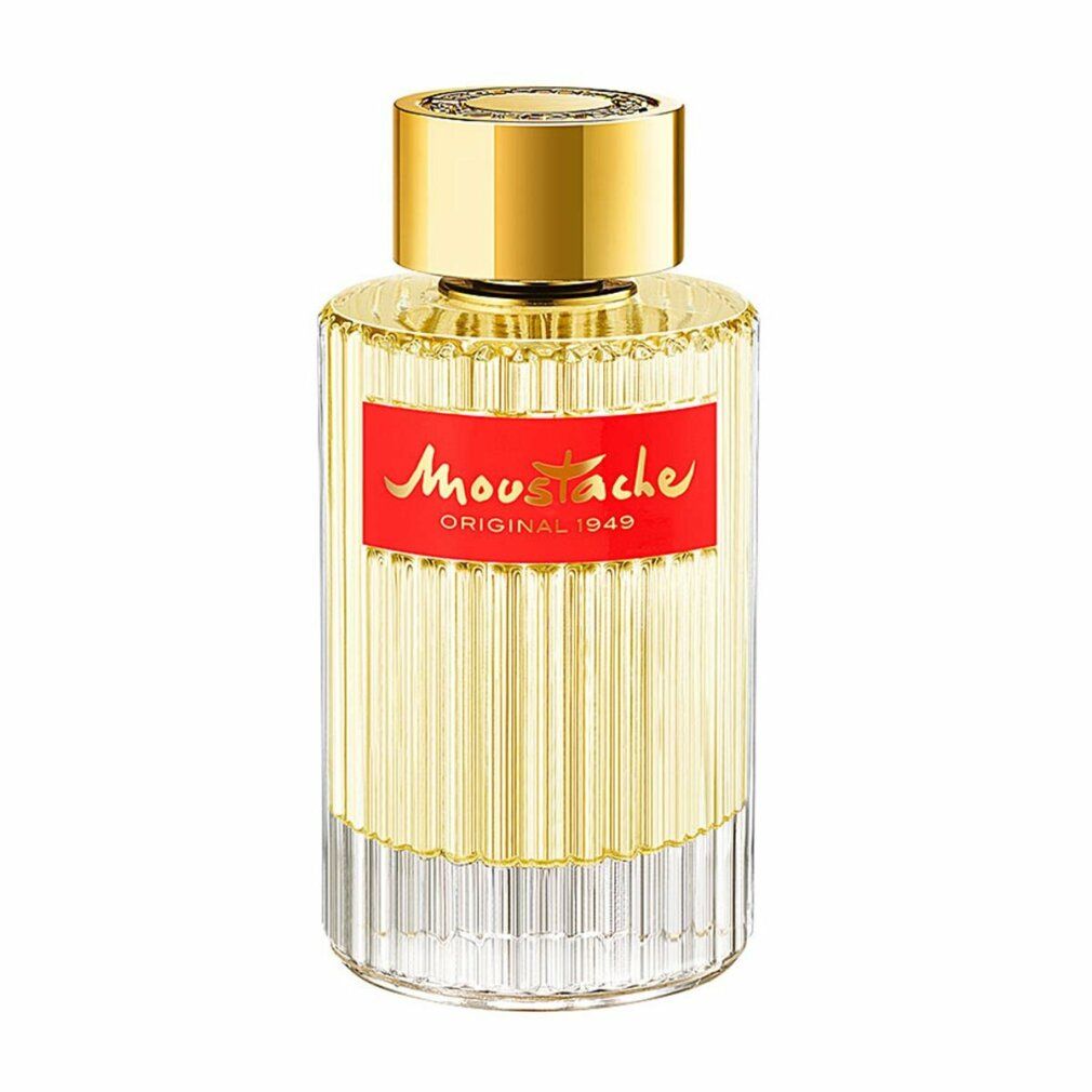 Rochas Moustache Eau de Toilette Flakon. Zylindrische Form, geriffeltes Glas, rotes Etikett mit goldener Schrift, goldener Verschluss.