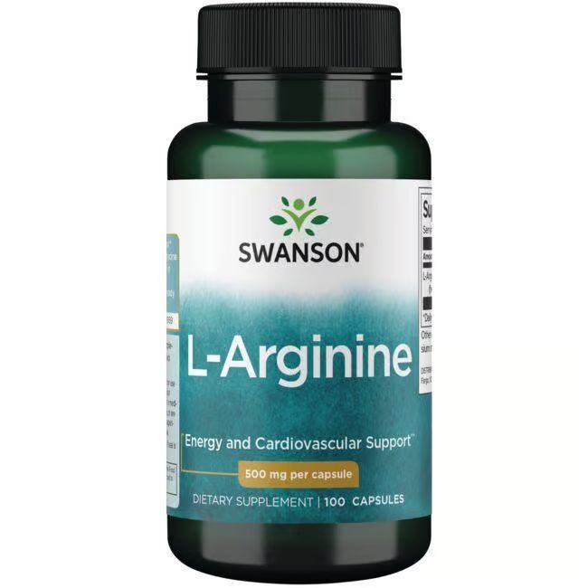 Grüne Flasche mit schwarzem Deckel. Aufschrift: SWANSON L-Arginin 500 mg. 100 Kapseln. Etikett mit Produktinformationen.